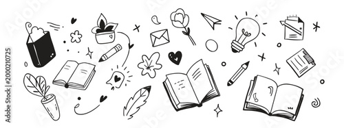 Hand drawn Doodle stickers for scrapbook design collages.