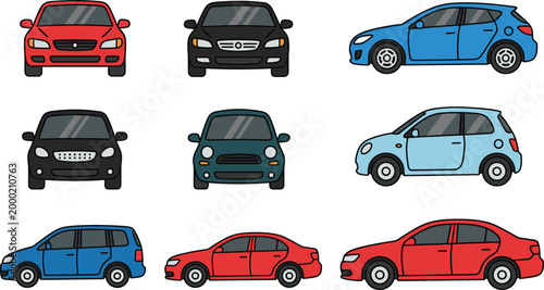 Flat vector car set showing front and side views of colorful sedans hatchbacks and compact vehicles isolated, modern transportation illustration for web, app, UI design