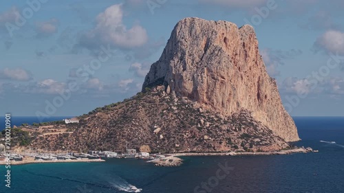 Penon de Ifach rock and marina aerial close view in Calpe Spain