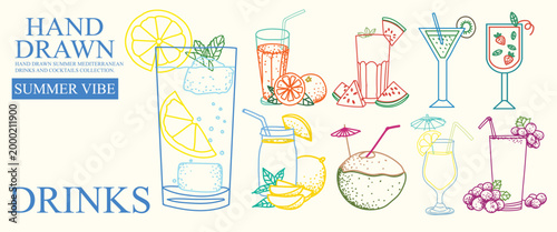 Hand drawn summer Mediterranean cocktails and drinks collection. Colorful fruity beverages with lemon, watermelon, coconut and strawberry for vibrant designs.