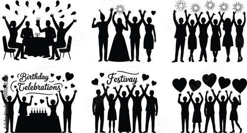Celebration silhouettes showing people at parties, birthdays, and festive gatherings with balloons, cakes, fireworks, and joyful togetherness