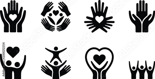 Charity support icons with hands hearts and people silhouettes representing love compassion unity community care and kindness