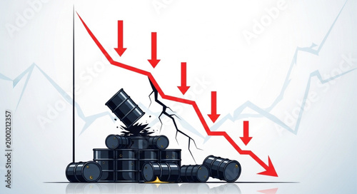 Oil price crash concept with falling graph and barrels.