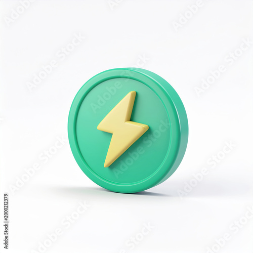 Green energy coin lightning symbol icon electricity power charge battery clean dimensional cartoon token on white background, soft pastel tone, minimal design for renewable and sustainable finance