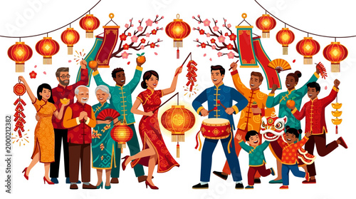 People Celebrating with Lanterns Together.