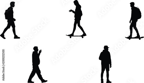 Dynamic silhouettes of skateboarders and pedestrians with backpacks showing urban lifestyle movement and casual street culture design