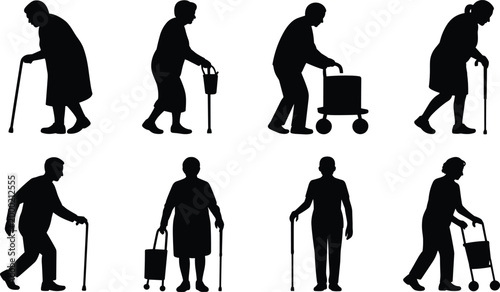 Elderly people silhouettes using canes and walkers for mobility support, standing and walking with assistive devices