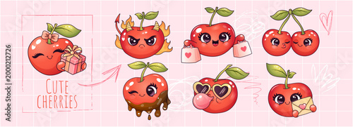 Cute cherry mascot kawaii fruit character set with emotions love shopping gift