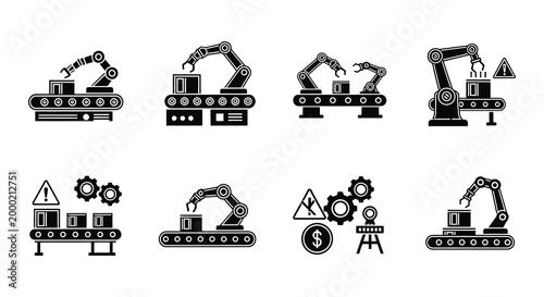 Flat vector robotic arms and conveyor belt icons set
