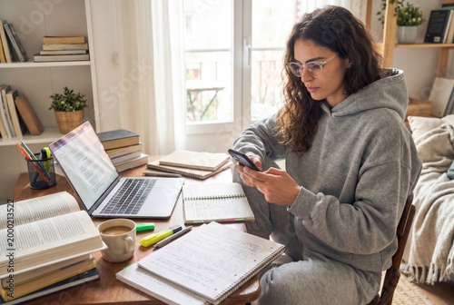 Young woman student sending message on phone while studying remotely in home office