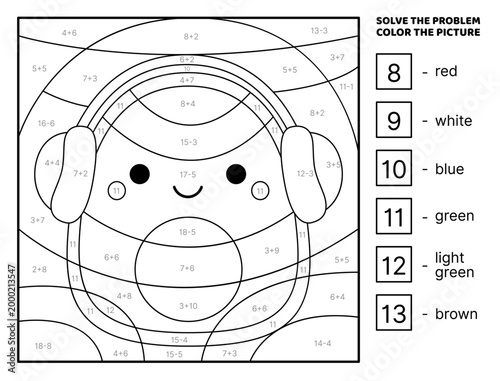 Black and white avocado. Solve the problem, color the picture. Addition, Subtraction. Coloring book. Kawaii, cartoon, vector. Isolated vector illustration eps 10