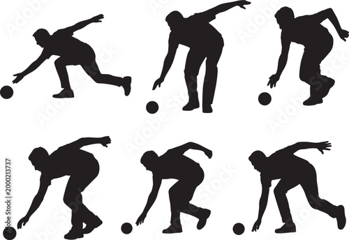 Set of Man Playing Lawn Bowls Silhouette – Player Reaching for Ball, Outdoor Sport Black Vector Illustration