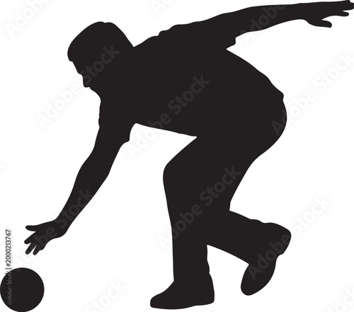 Man Playing Lawn Bowls Silhouette – Player Reaching for Ball, Outdoor Sport Black Vector Illustration