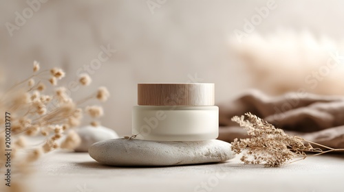 premium skincare cream jar placed on a natural stone pedestal. cream on background with soft pampas grass and elegant morning shadows, this minimalist mockup