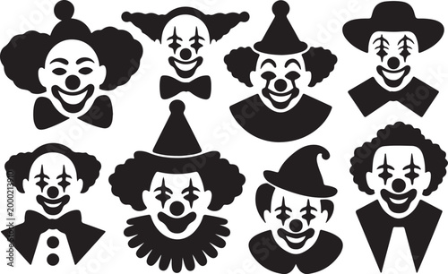Vintage Clown Face Silhouette Collection – Retro Circus Character Heads, Bold Black Vector Illustration Set
