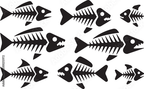 Fishbone Skeleton Silhouette Icon Set – Simple Black Fish Bone Vector Illustration Collection