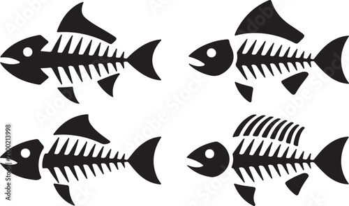Fishbone Skeleton Silhouette Icon Set – Simple Black Fish Bone Vector Illustration Collection