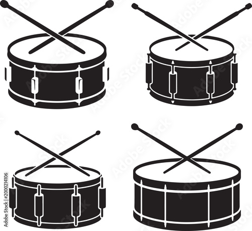 Set of Snare Drum with Crossed Drumsticks Silhouette – Music Instrument Black Vector Illustration