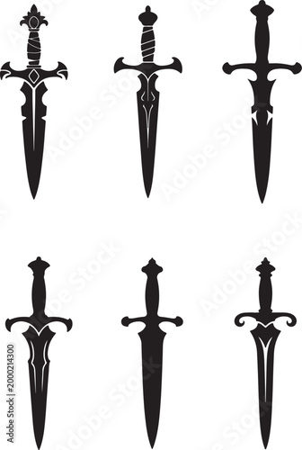 Set of Ornate Fantasy Dagger Silhouette – Decorative Medieval Blade, Gothic Black Vector Illustration
