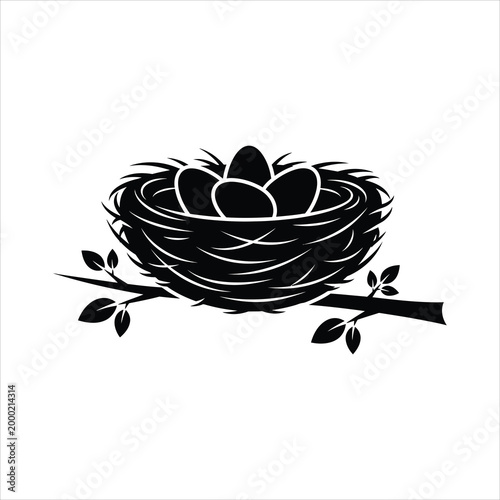 Bird nest with eggs on a branch during spring Vector Illustration Isolated on white background