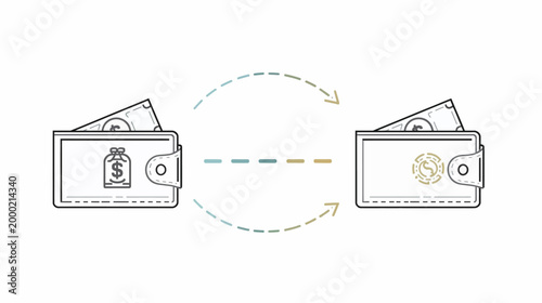 Illustration of money transfer or exchange between two digital wallets or financial accounts.