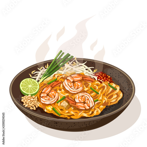 Thai Fried Noodles with Shrimp (Pad Thai) served in a dark bowl, vector illustration.