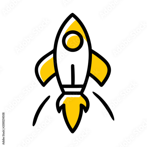 Colored doodle icon of rocket ship launching with flames, symbolizing startup.