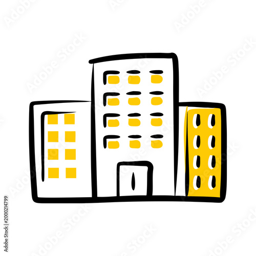 A vibrant doodle illustration of office building with illuminated windows, business and modern design.