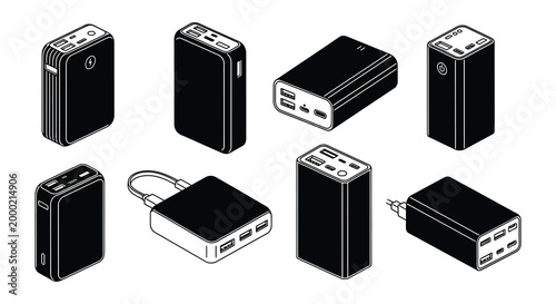 Portable power bank set black vector illustration on white