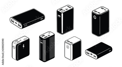 Portable power bank set black vector illustration on white