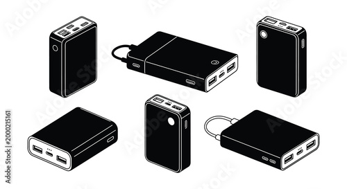 Portable power bank set black vector illustration on white