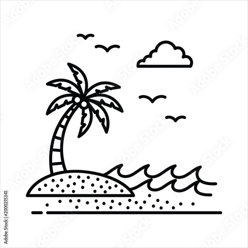 Tropical island with palm tree and ocean waves during sunny day Vector Illustration Isolated on white background