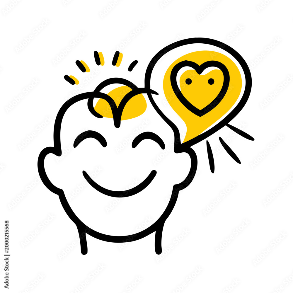 Fototapeta premium Happy smiling person thinking about love, with yellow heart bubble and sparks.