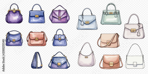 Collection of various watercolor women's handbags and purses in different styles and colors.