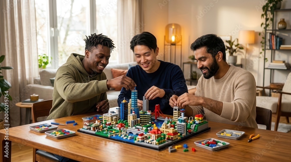 Naklejka premium Diverse group of friends collaboratively building a colorful plastic brick structure on a wooden table.