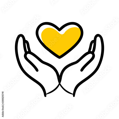 Heart in hands vector icon with yellow fill, hands holding heart as love and care symbol.