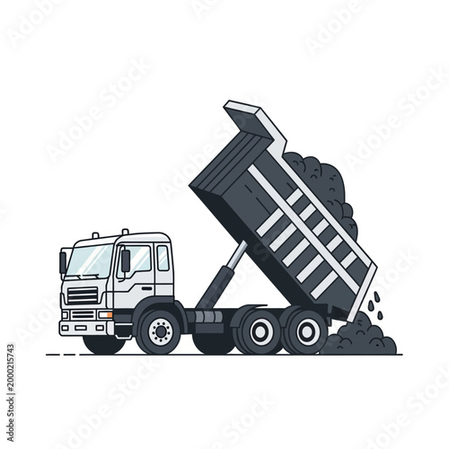 White dump truck unloading coal, isolated on white background, illustration
