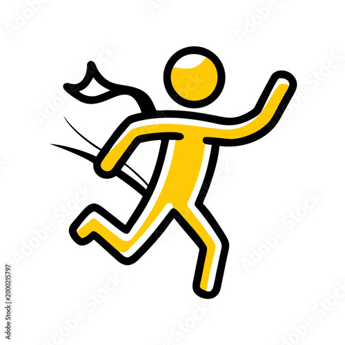Vibrant yellow silhouette of fast-running person with bold black outline and wind trails.