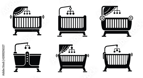 Baby crib icons set black silhouette on white background