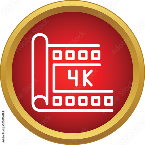 Red badge with movie film strip and 4k text, representing ultra high definition video