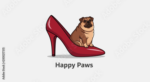 Adorable Pug Dog Comfortably Resting Inside a Red High Heel Shoe.