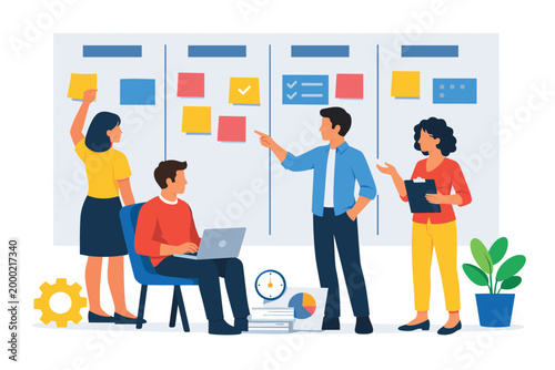 Business team organizing tasks and workflow using project planning board