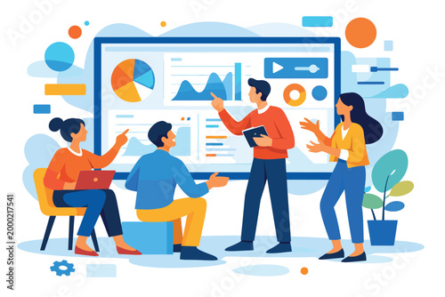 Business team communicating and collaborating around digital screen with charts and abstract interface