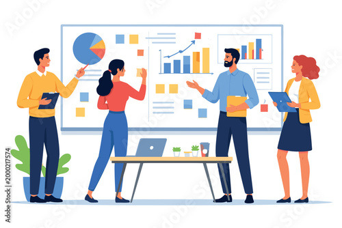 Business team communicating and collaborating around digital screen with charts and abstract interface