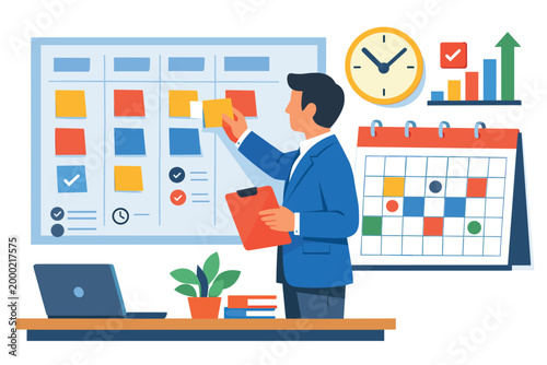 Project manager planning workflow tasks using board and calendar system tools