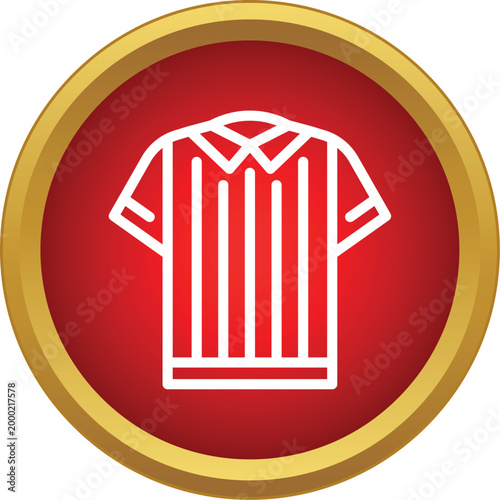 Referee shirt outline icon with stripes on a red and gold button representing sports official