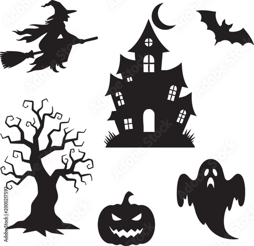 Halloween icons including haunted house, witch, ghost