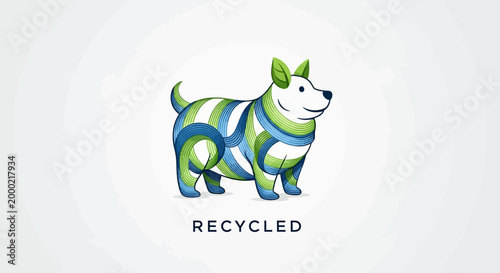 Artistic dog illustration made of recycled materials, eco-friendly design.