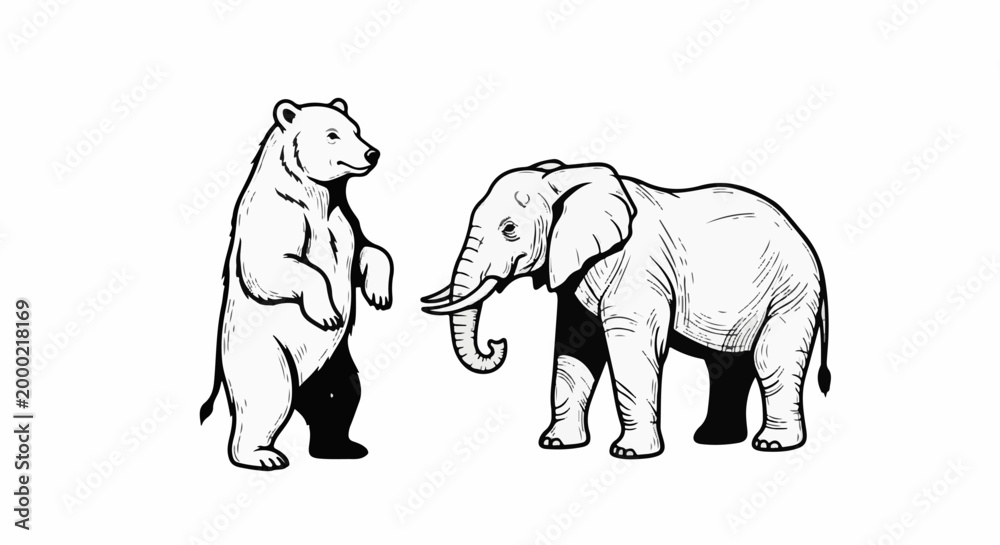 Fototapeta premium Two animals, a bear standing and an elephant, are facing each other