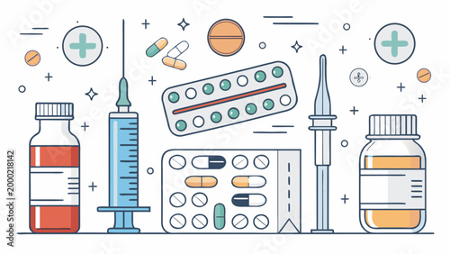 Medical supplies and pills illustration.